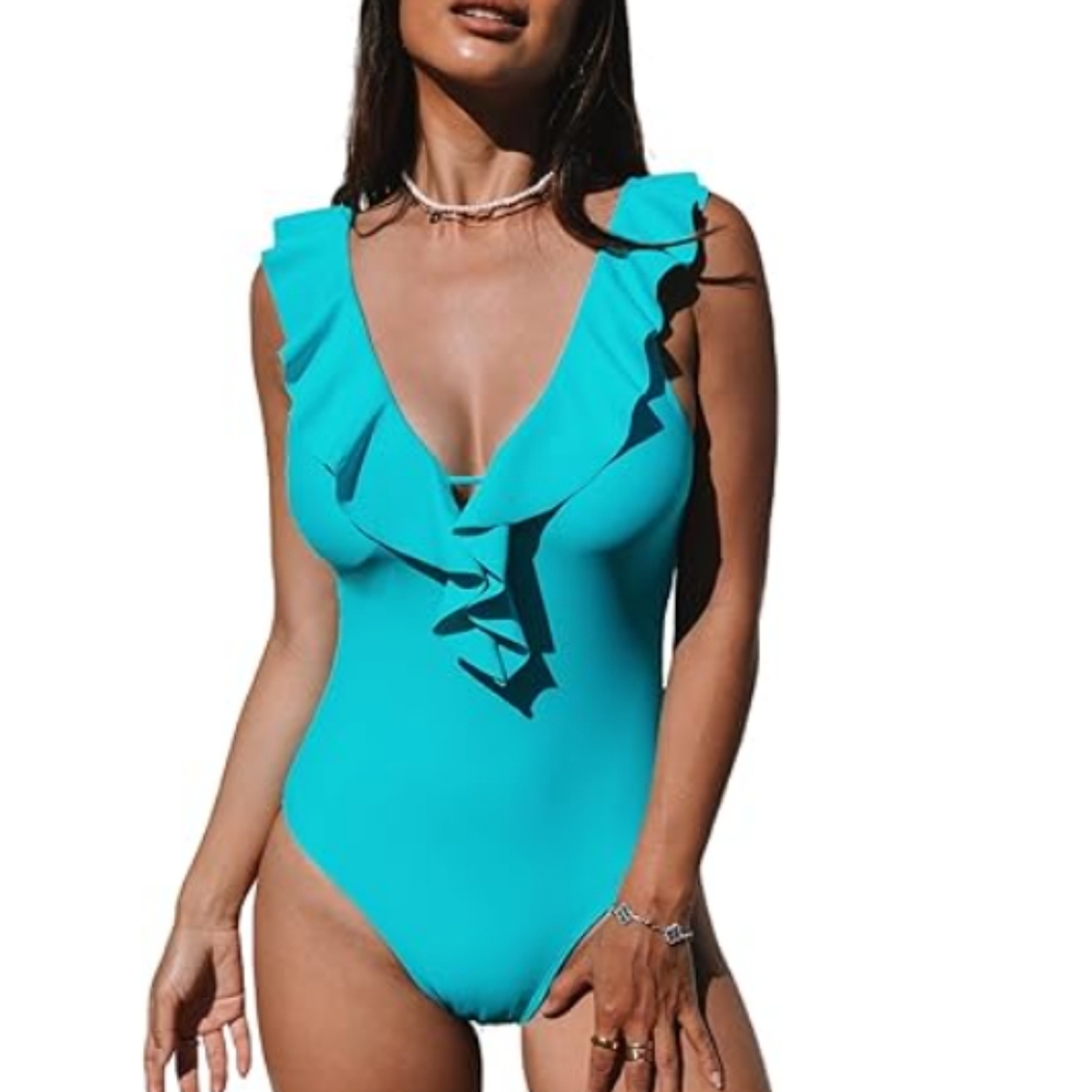 CUPSHE Women's One Piece Swimsuit Bathing Suit V Neck Ruffled Swimwear